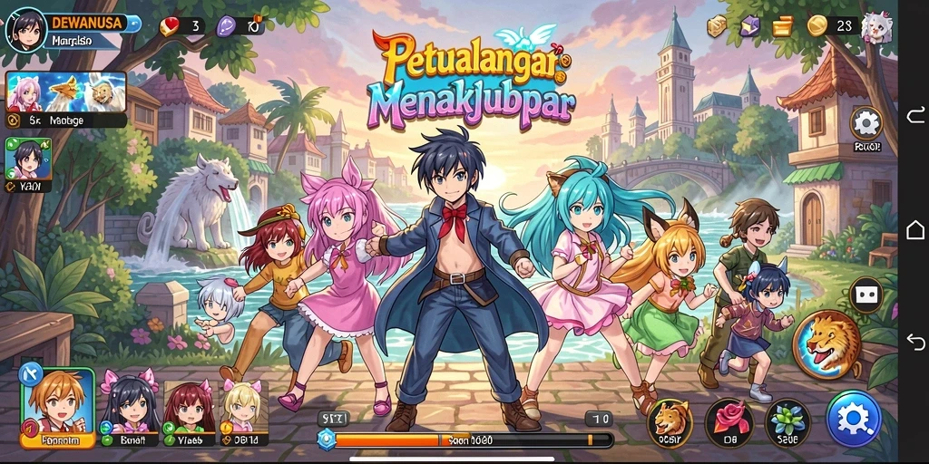 Screenshot gameplay DEWANUSA menampilkan karakter anime yang dinamis dan dunia fantasi yang berwarna.