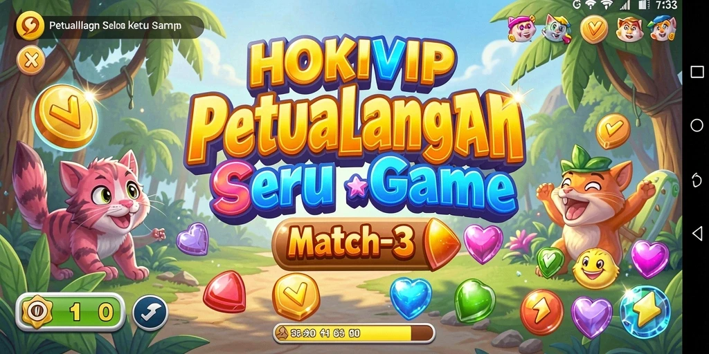 Tangkapan layar HOKIVIP menunjukkan gameplay match-3 yang menarik dan penuh warna.