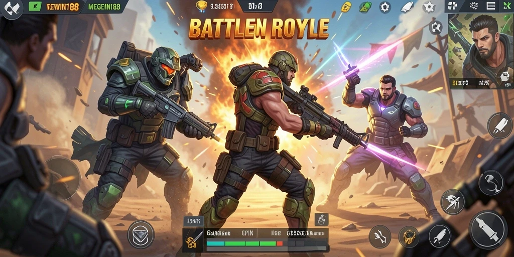 Tampilan gameplay seru dari MEGEWIN188 saat bertarung dalam arena Battle Royale.