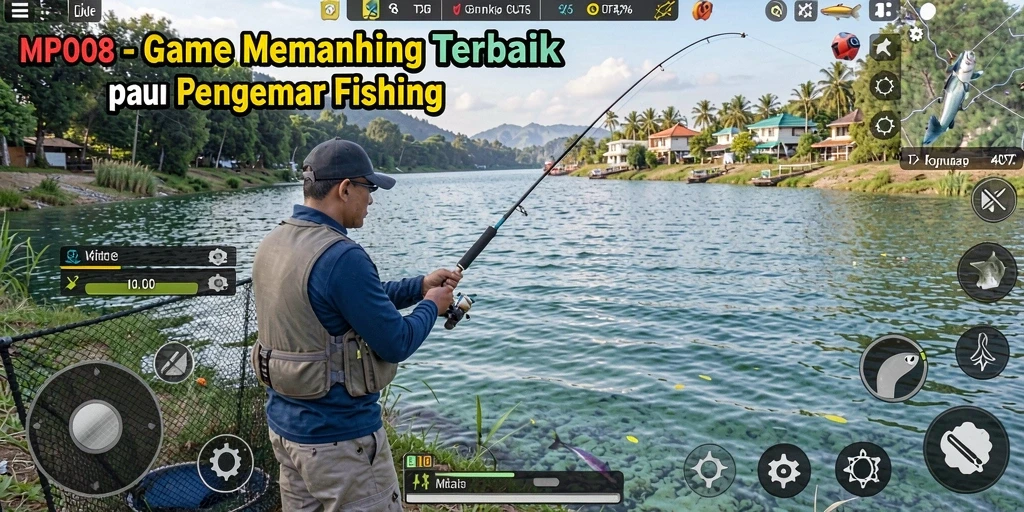 Screenshot MPO08 menampilkan aksi seru memancing di berbagai lokasi indah.