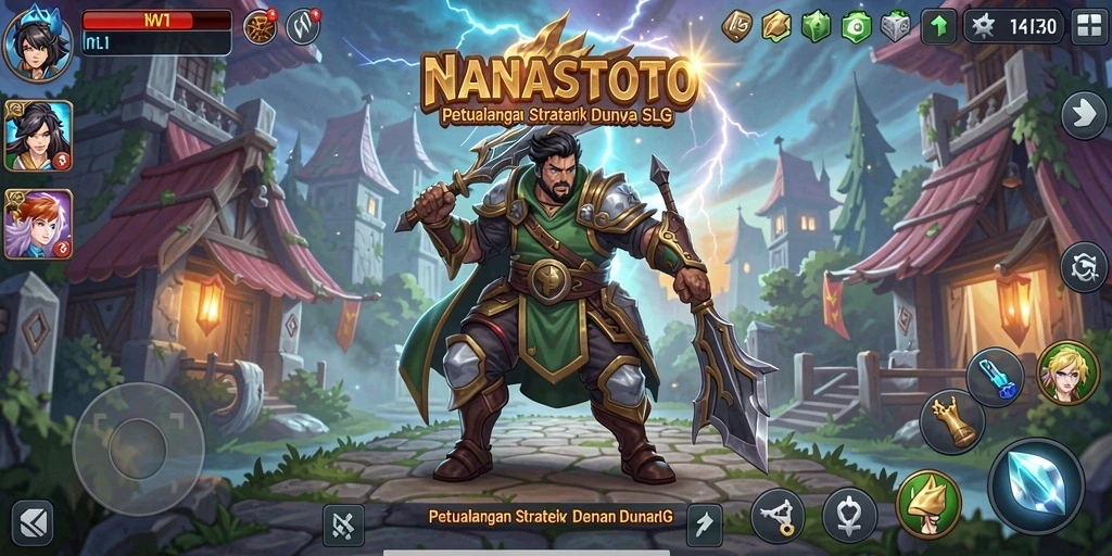 Screenshot <strong>NANASTOTO</strong> menunjukkan pertempuran strategi yang intens dan pembangunan kerajaan.