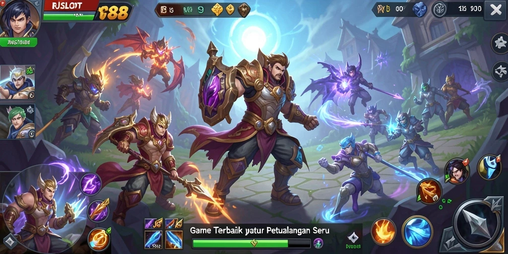 Tangkapan layar utama RJSLOT88 menampilkan aksi pertarungan MOBA yang intens.