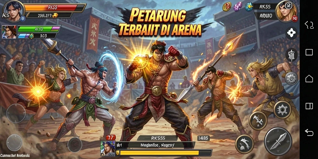 Screenshot gameplay RK55 menampilkan pertarungan seru dengan karakter unik.