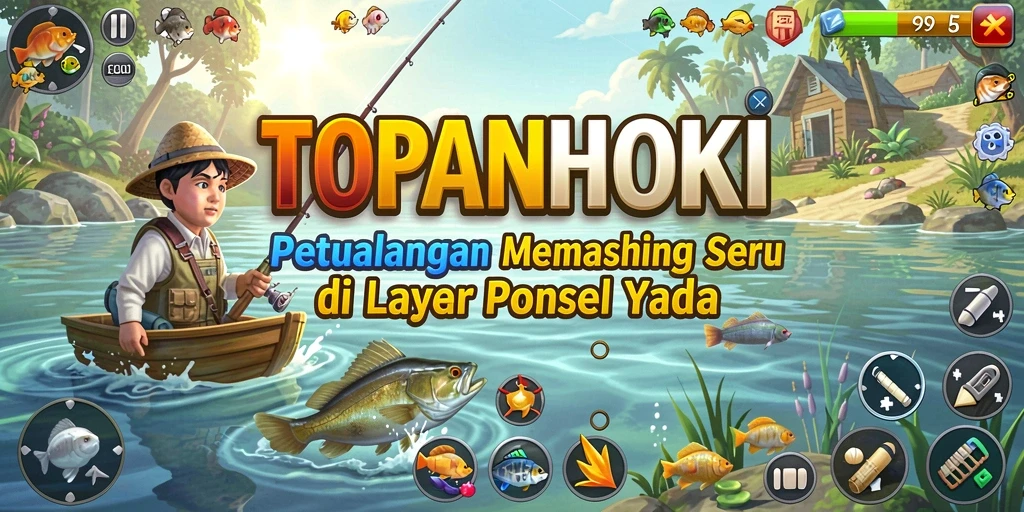 Screenshot gameplay TOPANHOKI dengan pemandangan memancing yang menakjubkan.